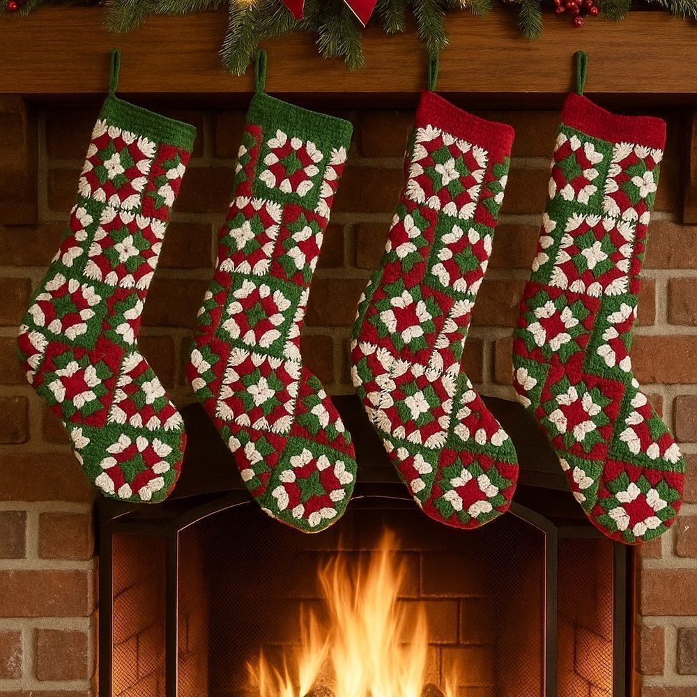 Handmade Crochet Christmas Stockings Set of 4 -cottagecore, retro
